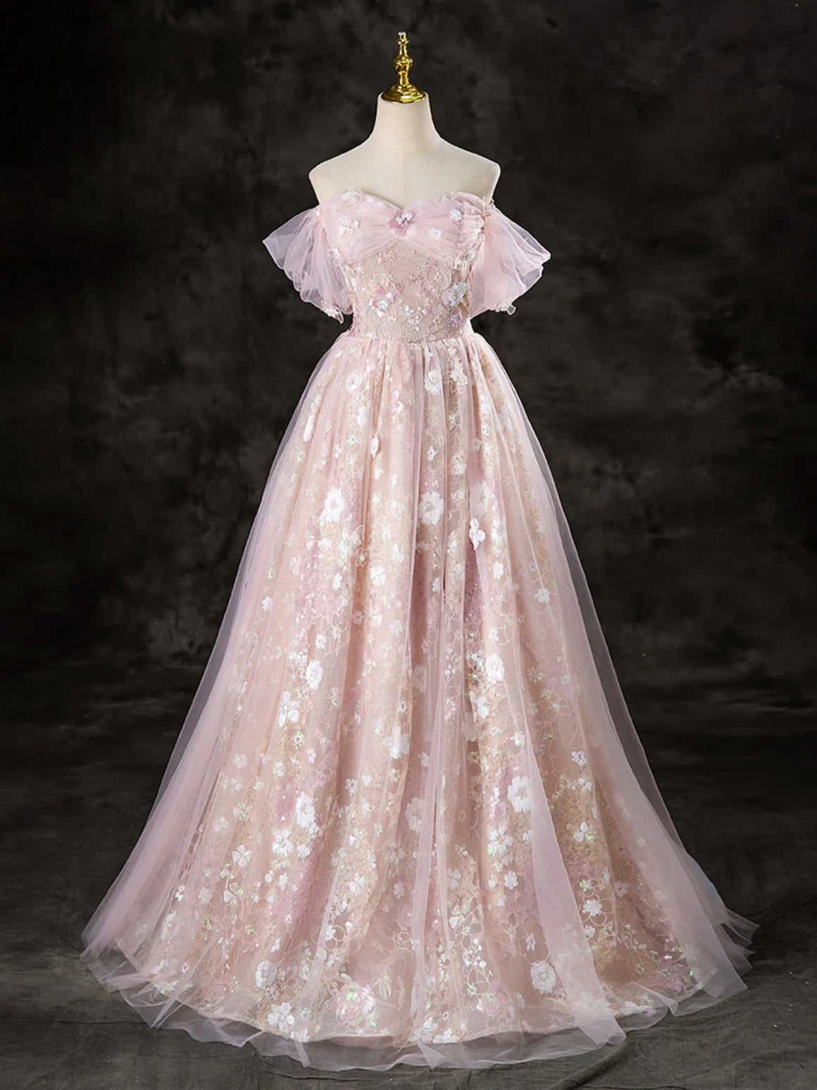 Off the Shoulder Pink Long Tulle Lace Prom Dresses, Pink Tulle Long Lace Formal Evening Dresses
