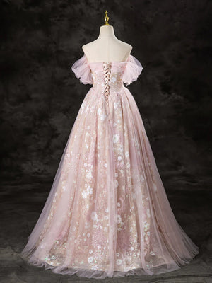 Off the Shoulder Pink Long Tulle Lace Prom Dresses, Pink Tulle Long Lace Formal Evening Dresses