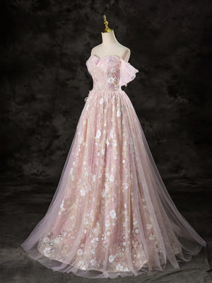 Off the Shoulder Pink Long Tulle Lace Prom Dresses, Pink Tulle Long Lace Formal Evening Dresses