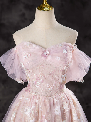 Off the Shoulder Pink Long Tulle Lace Prom Dresses, Pink Tulle Long Lace Formal Evening Dresses