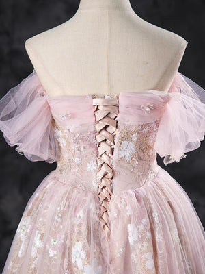 Off the Shoulder Pink Long Tulle Lace Prom Dresses, Pink Tulle Long Lace Formal Evening Dresses