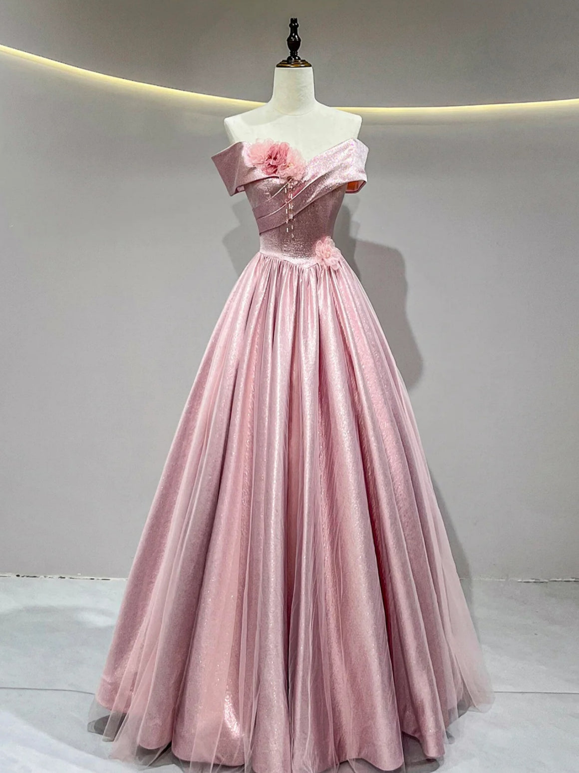 Off the Shoulder Pink Satin Floral Long Prom Dresses, Pink Floral Long Formal Evening Dresses