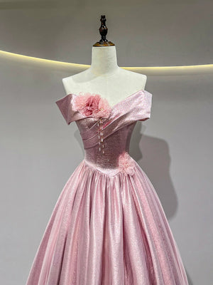 Off the Shoulder Pink Satin Floral Long Prom Dresses, Pink Floral Long Formal Evening Dresses