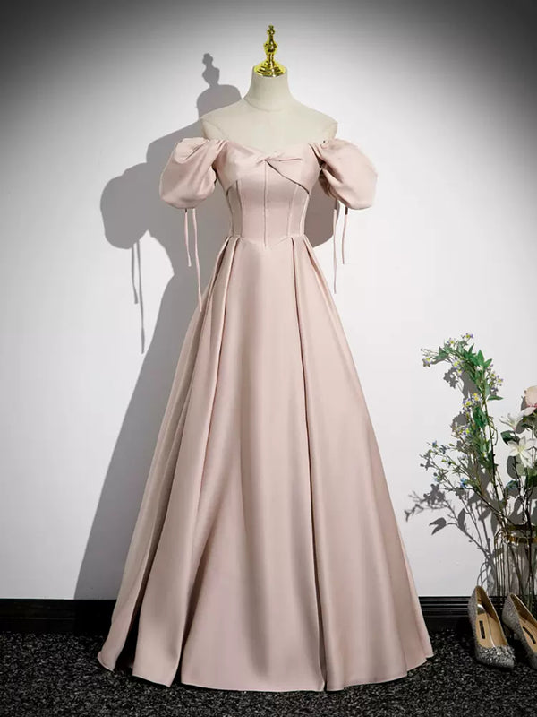 Off Shoulder Pink Satin Long Prom Dresses with High Slit, Off the Shoulder Pink Formal Graduation Evening Dresses EP1865 main image 1