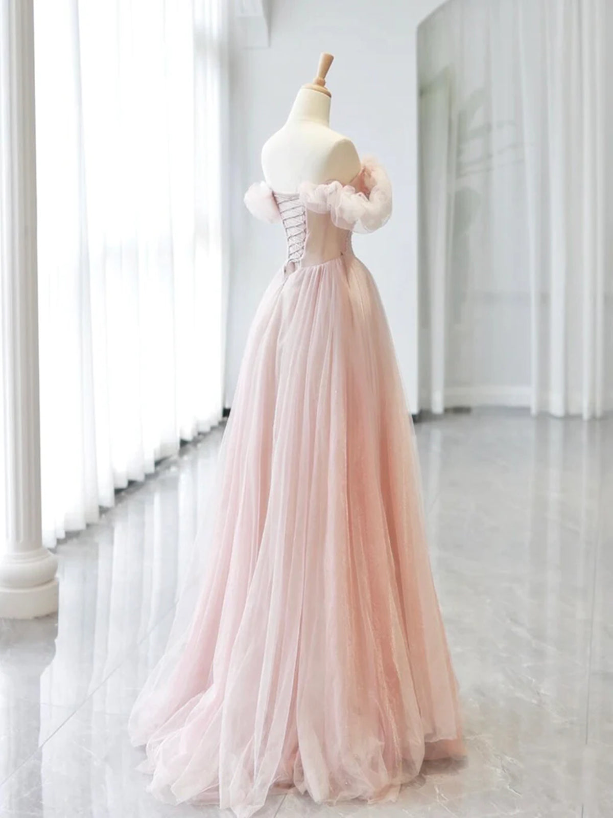 Off the Shoulder Pink Tulle Long Prom Dresses, Off Shoulder Pink Tulle - shegown Off the Shoulder Pink Tulle Long Prom Dresses, Off Shoulder Pink Tulle - shegown