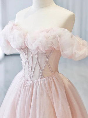 Off the Shoulder Pink Tulle Long Prom Dresses, Off Shoulder Pink Tulle Long Formal Evening Dresses