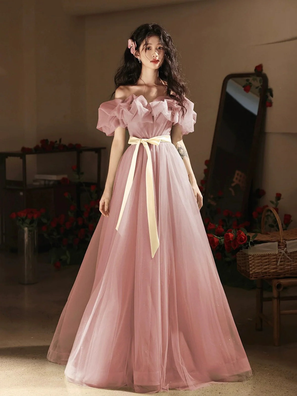 Off the Shoulder Pink Tulle Long Prom Dresses, Off Shoulder Pink Tulle Long Formal Graduation Dresses Off the Shoulder Pink Tulle Long Prom Dresses, Off Shoulder Pink Tulle Long Formal Graduation Dresses