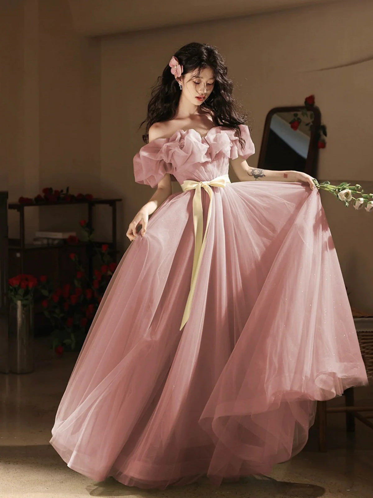 Off the Shoulder Pink Tulle Long Prom Dresses, Off Shoulder Pink Tulle - shegown Off the Shoulder Pink Tulle Long Prom Dresses, Off Shoulder Pink Tulle - shegown