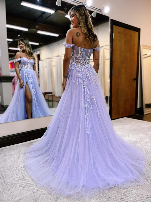 Off the Shoulder Purple Blue Lace Prom Dresses, Blue Purple Lace Forma