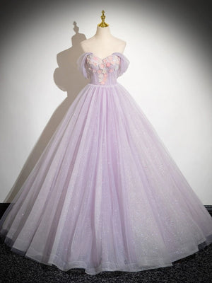 Off the Shoulder Purple Lace Floral Long Prom Dresses, Purple Floral Long Formal Evening Dresses