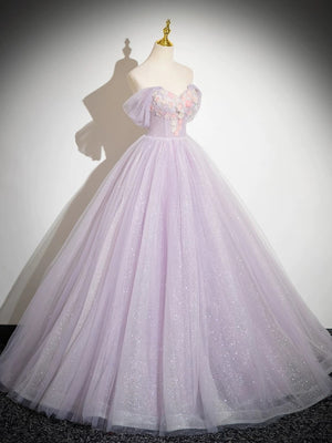 Off the Shoulder Purple Lace Floral Long Prom Dresses, Purple Floral Long Formal Evening Dresses
