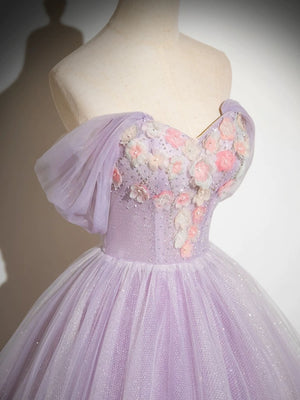 Off the Shoulder Purple Lace Floral Long Prom Dresses, Purple Floral Long Formal Evening Dresses