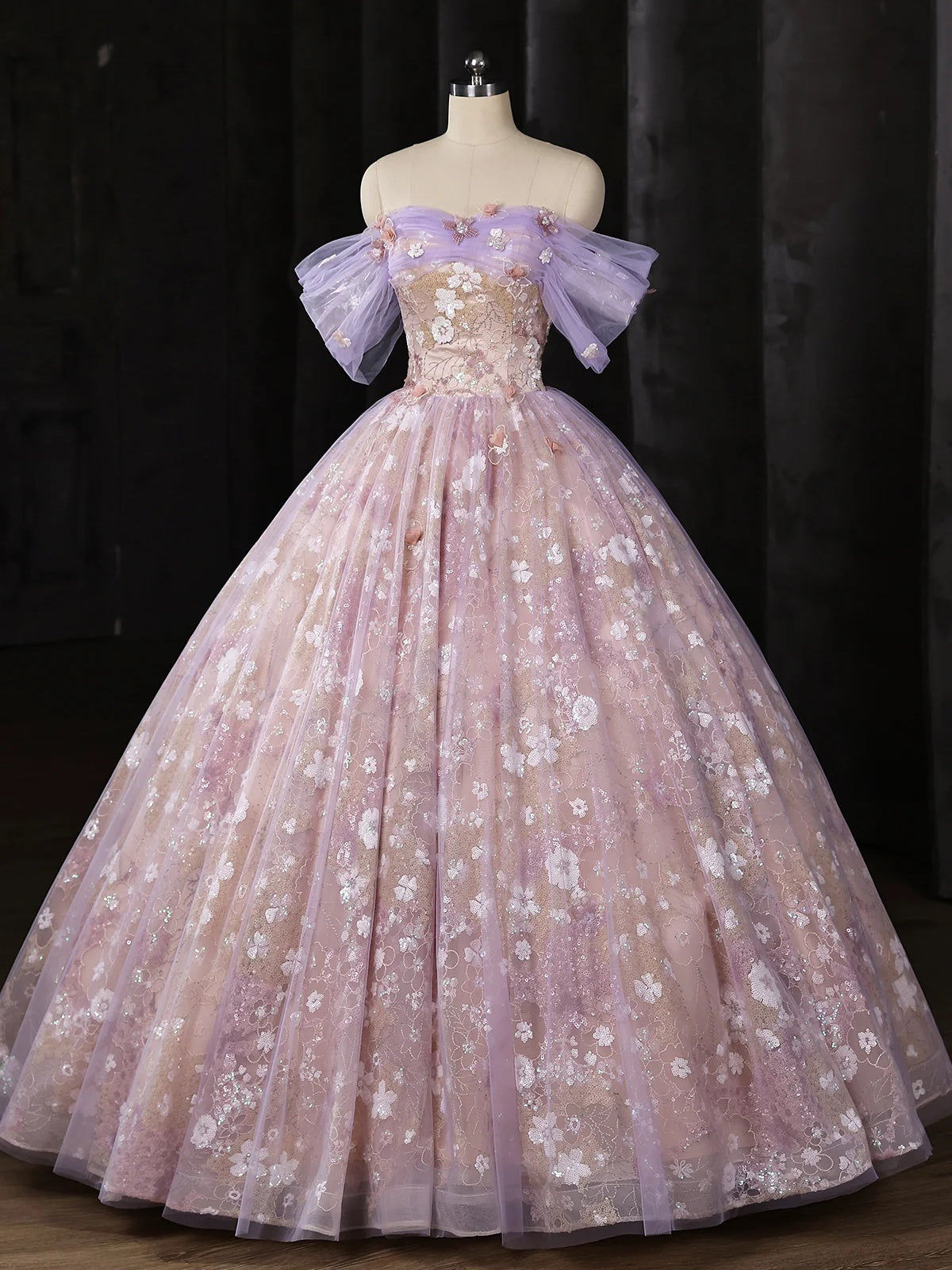 Off the Shoulder Purple Lace Prom Dresses, Off Shoulder Purple Sequins Floral Long Formal Evening Dresses