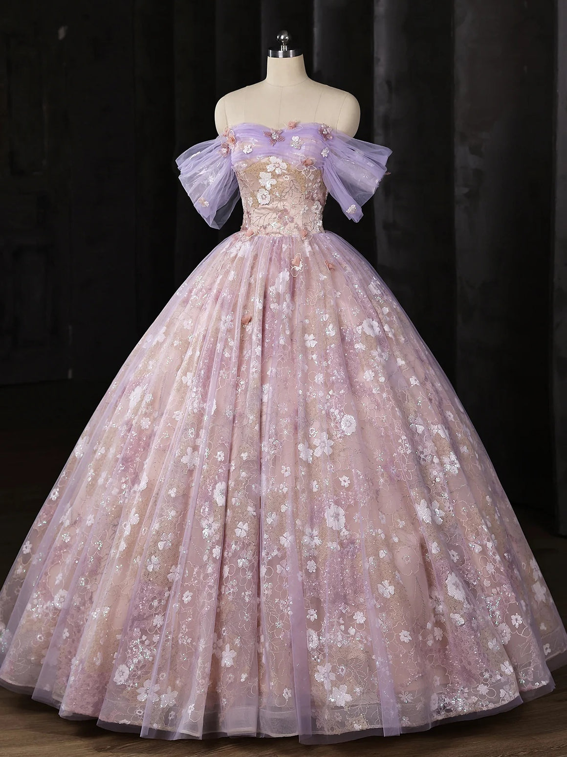 Off the Shoulder Purple Lace Prom Dresses, Off Shoulder Purple Sequins Floral Long Formal Evening Dresses