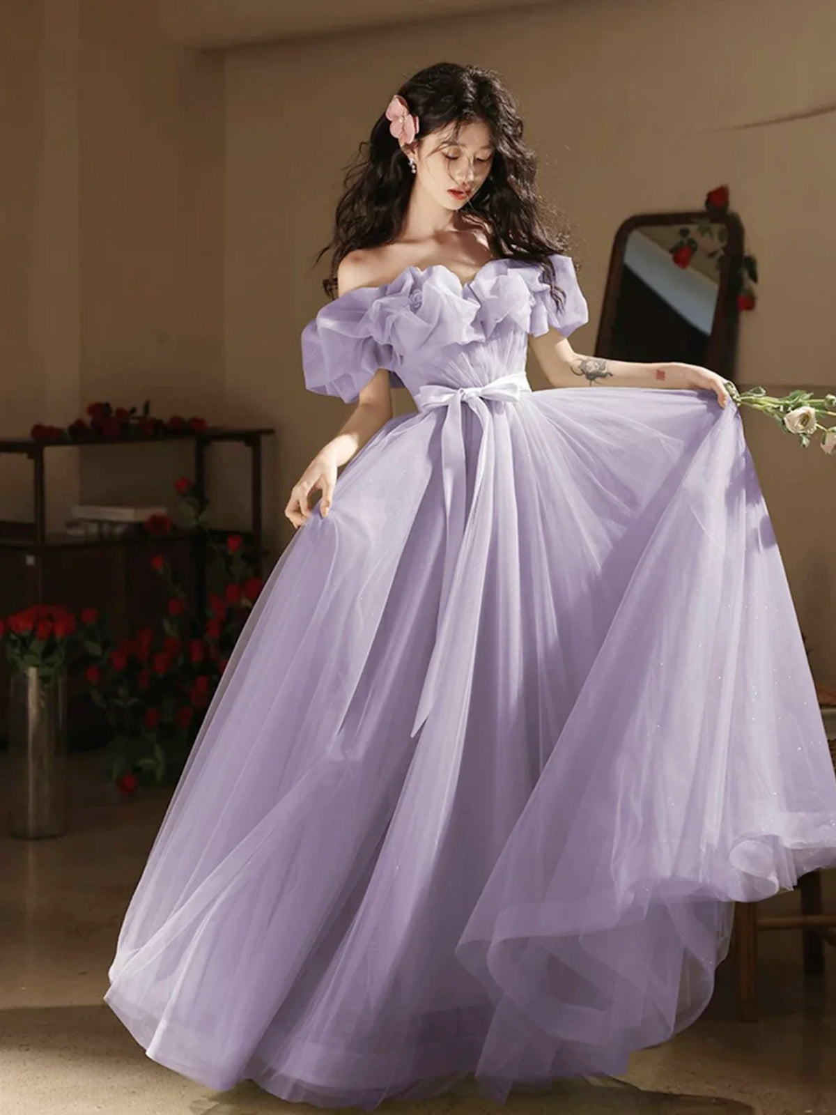 Off the Shoulder Purple Tulle Long Prom Dresses, A Line Lilac Tulle Lo - shegown Off the Shoulder Purple Tulle Long Prom Dresses, A Line Lilac Tulle Lo - shegown