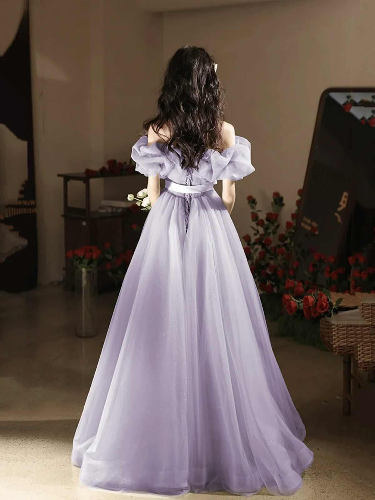 Off the Shoulder Purple Tulle Long Prom Dresses, A Line Lilac Tulle Lo - shegown Off the Shoulder Purple Tulle Long Prom Dresses, A Line Lilac Tulle Lo - shegown