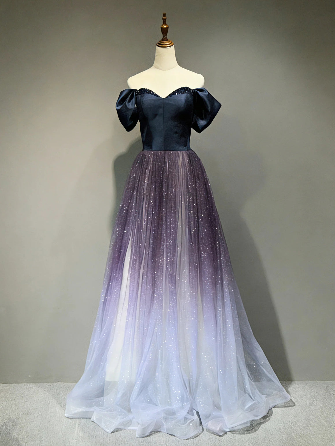 Off the Shoulder Purple Tulle Long Prom Dresses, Dark Purple Long Formal Evening Dresses