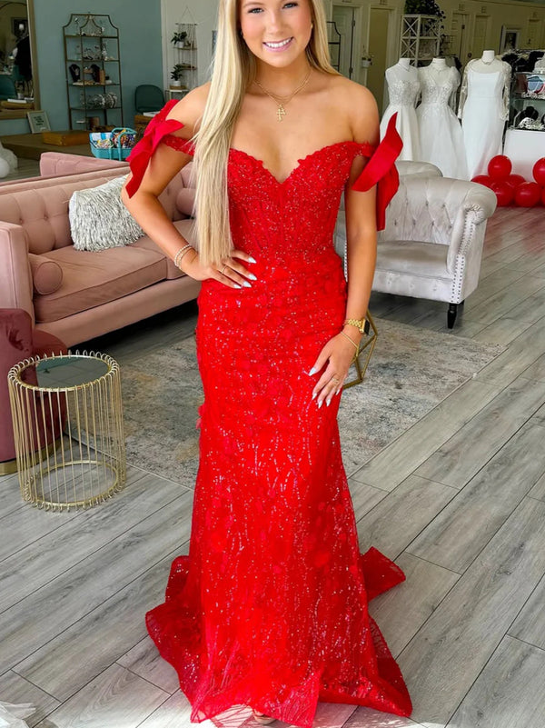 Off the Shoulder Red Mermaid Lace Prom Dresses, Red Mermaid Lace Forma