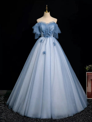 Off the Shoulder Shiny Blue Beaded Long Prom Dresses, Blue Beaded Long Formal Evening Dresses