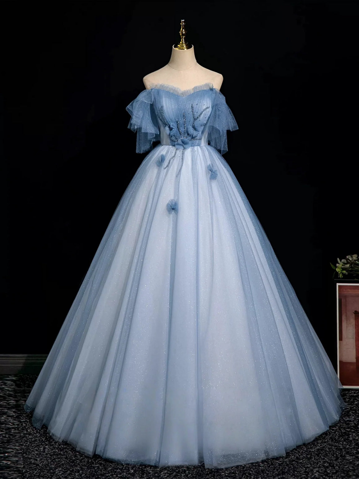 Off the Shoulder Shiny Blue Beaded Long Prom Dresses, Blue Beaded Long Formal Evening Dresses