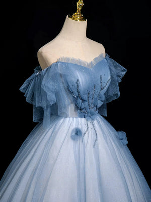 Off the Shoulder Shiny Blue Beaded Long Prom Dresses, Blue Beaded Long Formal Evening Dresses
