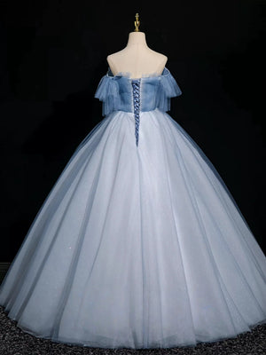 Off the Shoulder Shiny Blue Beaded Long Prom Dresses, Blue Beaded Long Formal Evening Dresses