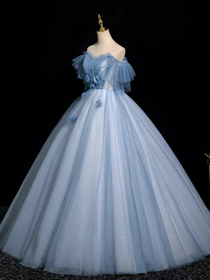 Off the Shoulder Shiny Blue Beaded Long Prom Dresses, Blue Beaded Long Formal Evening Dresses