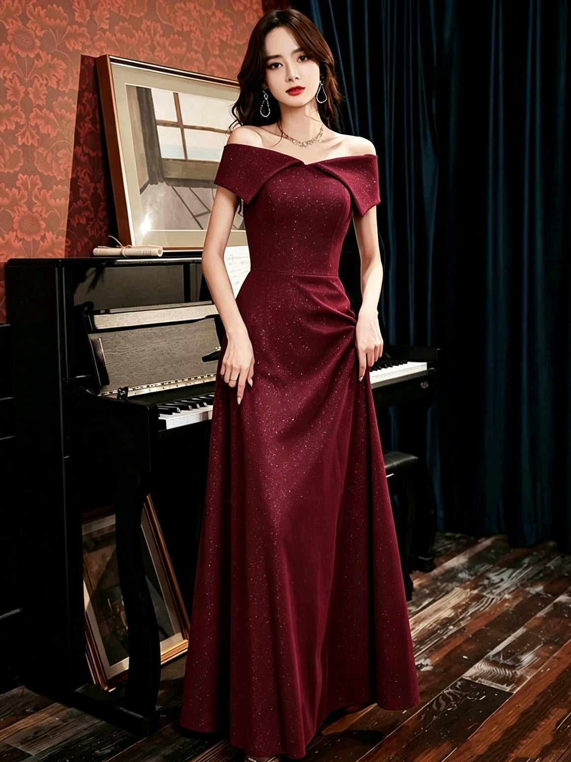Off the Shoulder Shiny Burgundy Velvet Long Prom Dresses, Shiny Wine Red Velvet Long Formal Evening Dresses