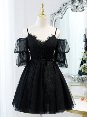 Off the Shoulder Short Black Lace Prom Dresses, Short Black Lace Formal Homecoming Dresses