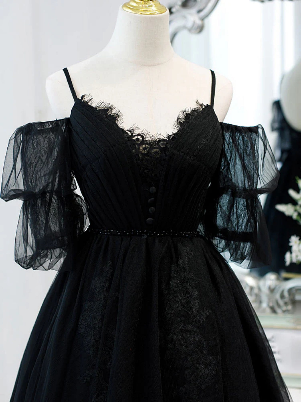 black lace hoco dress short prom dress, black homecoming dress, bridesmaid dresstby A Line 2 Off the Shoulder Short Black