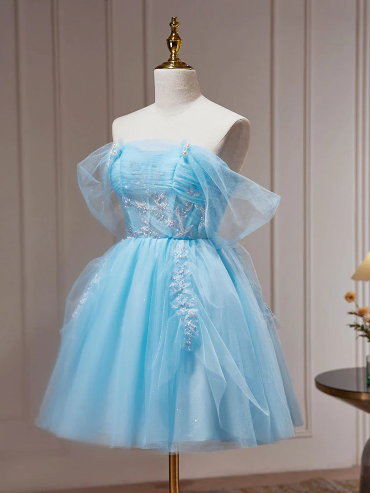 Off the Shoulder Short Blue Prom Dresses, Short Blue Lace Formal Homec - shegown Off the Shoulder Short Blue Prom Dresses, Short Blue Lace Formal Homec - shegown