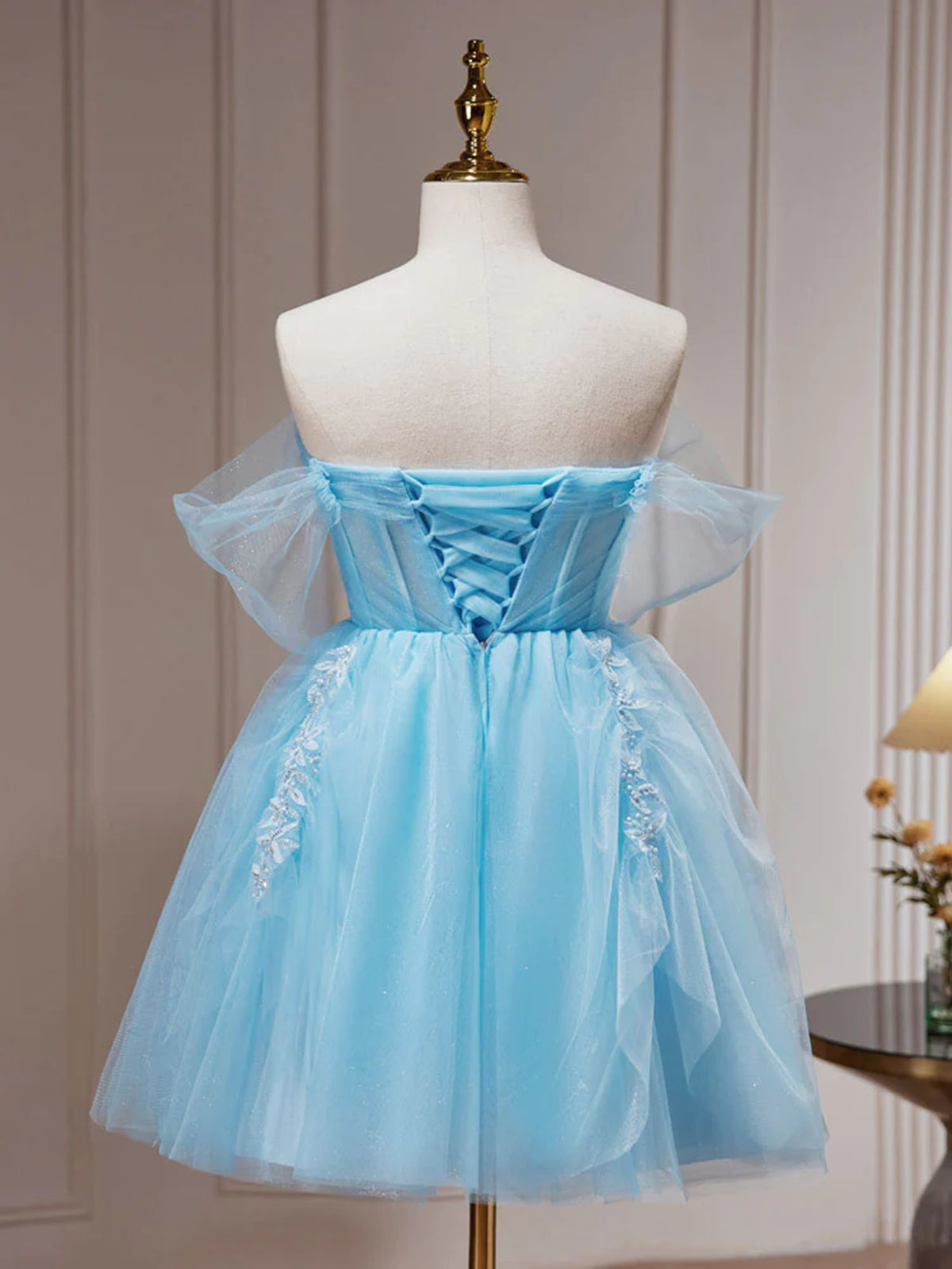 Off the Shoulder Short Blue Prom Dresses, Short Blue Lace Formal Homec - shegown Off the Shoulder Short Blue Prom Dresses, Short Blue Lace Formal Homec - shegown