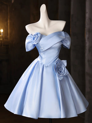 Off the Shoulder Short Blue Satin Prom Dresses, Short Blue Homecoming Dress with Flower