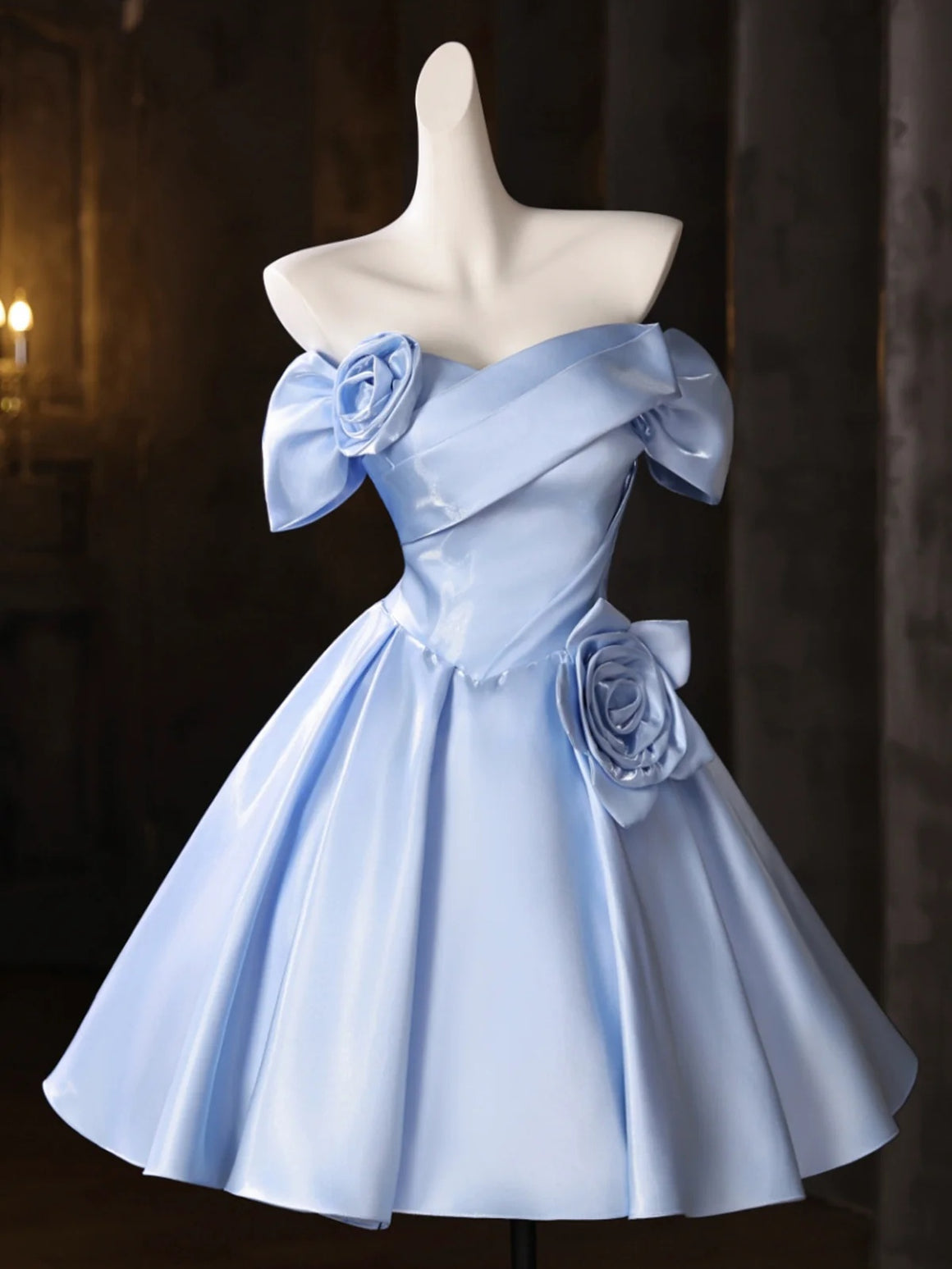 Off the Shoulder Short Blue Satin Prom Dresses, Short Blue Homecoming Dress with Flower
