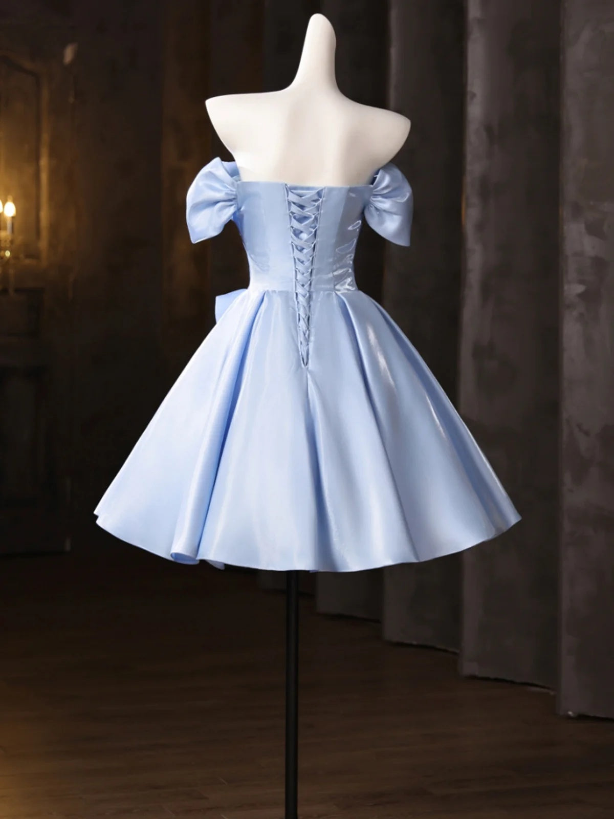 Off the Shoulder Short Blue Satin Prom Dresses, Short Blue Homecoming Dress with Flower, US 16 / Custom Color / No Rush Off the Shoulder Short Blue Satin Prom Dresses, Short Blue Homecoming Dress with Flower, US 16 / Custom Color / No Rush