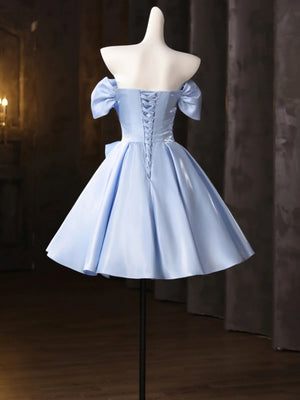Off the Shoulder Short Blue Satin Prom Dresses, Short Blue Homecoming Dress with Flower