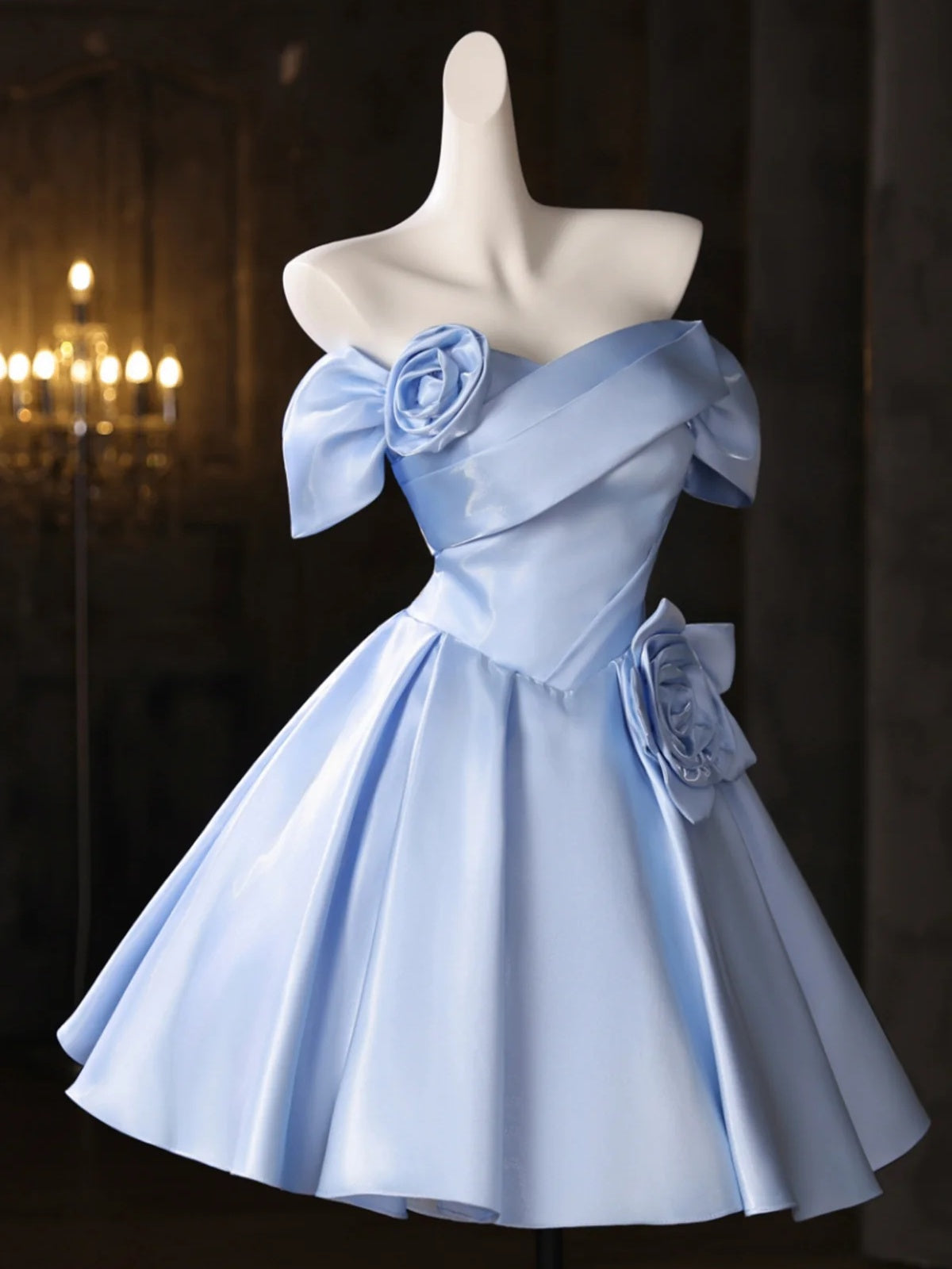 Off The Shoulder Short Blue Satin Prom Dresses, Short Blue Homecoming Dress with Flower, US 16 / Custom Color / No Rush Off The Shoulder Short Blue Satin Prom Dresses, Short Blue Homecoming Dress with Flower, US 16 / Custom Color / No Rush