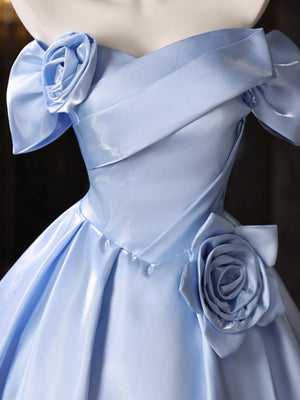 Off the Shoulder Short Blue Satin Prom Dresses, Short Blue Homecoming Dress with Flower
