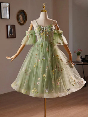 Off the Shoulder Short Green Floral Prom Dresses, Short Green Floral Homecoming Formal Dresses