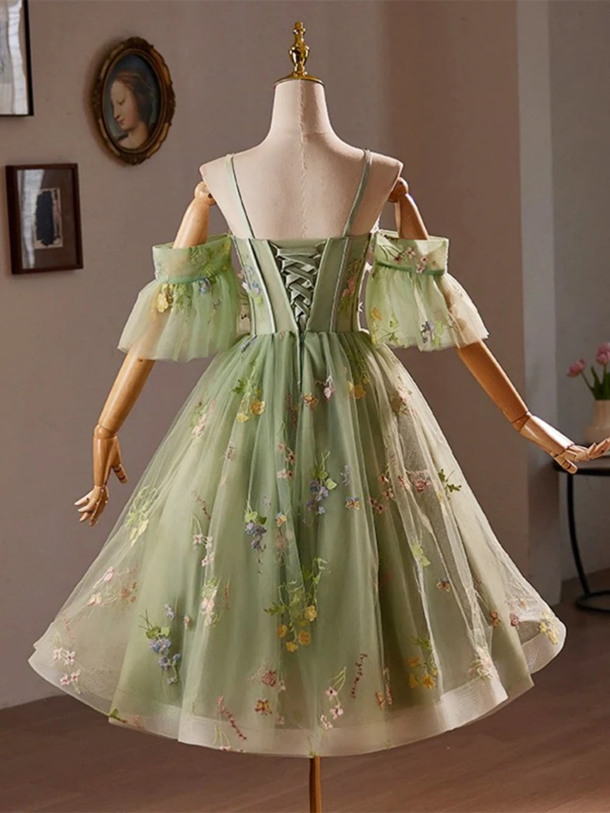 Off the Shoulder Short Green Floral Prom Dresses, Short Green Floral Homecoming Formal Dresses Off the Shoulder Short Green Floral Prom Dresses, Short Green Floral Homecoming Formal Dresses