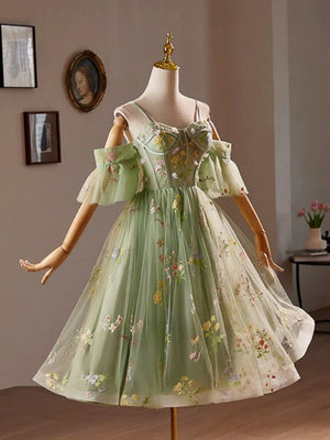 Off the Shoulder Short Green Floral Prom Dresses, Short Green Floral Homecoming Formal Dresses