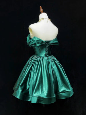 Off the Shoulder Short Green Satin Prom Dresses, Short Green Satin Formal Homecoming Dresses
