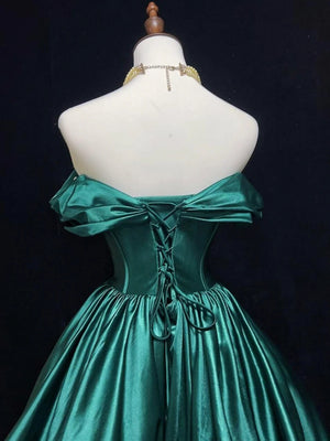 Off the Shoulder Short Green Satin Prom Dresses, Short Green Satin Formal Homecoming Dresses