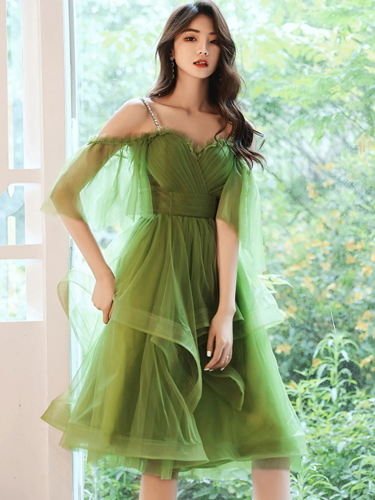 Off the Shoulder Short Green Tulle Prom Dresses, Short Green Tulle Formal Homecoming Dresses, Custom Size / Green as Pics / No Rush Off the Shoulder Short Green Tulle Prom Dresses, Short Green Tulle Formal Homecoming Dresses, Custom Size / Green as Pics / No Rush