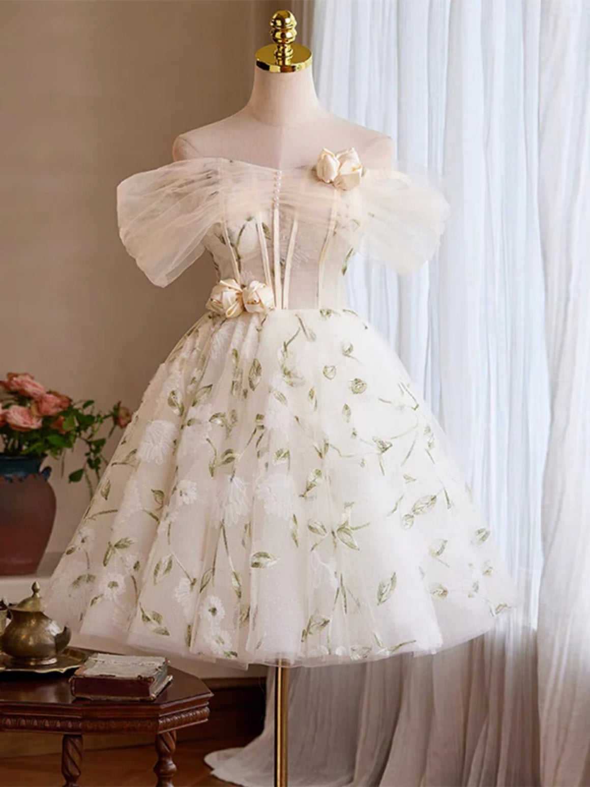 Off the Shoulder Short Light Champagne Prom Dress, Short Light Champagne Formal Homecoming Dresses