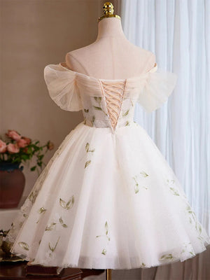Off the Shoulder Short Light Champagne Prom Dress, Short Light Champagne Formal Homecoming Dresses
