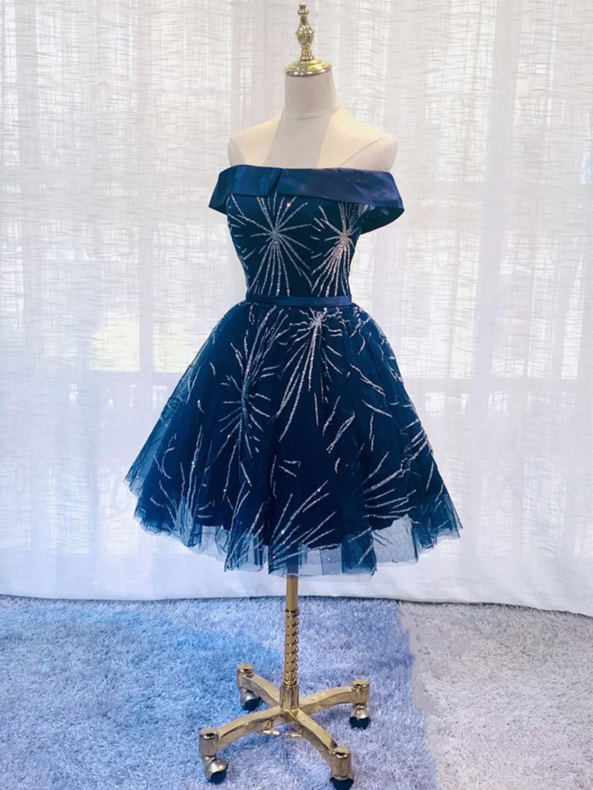 Off the Shoulder Short Navy Blue Prom Dresses, Short Dark Blue Formal Homecoming Dresses Off the Shoulder Short Navy Blue Prom Dresses, Short Dark Blue Formal Homecoming Dresses