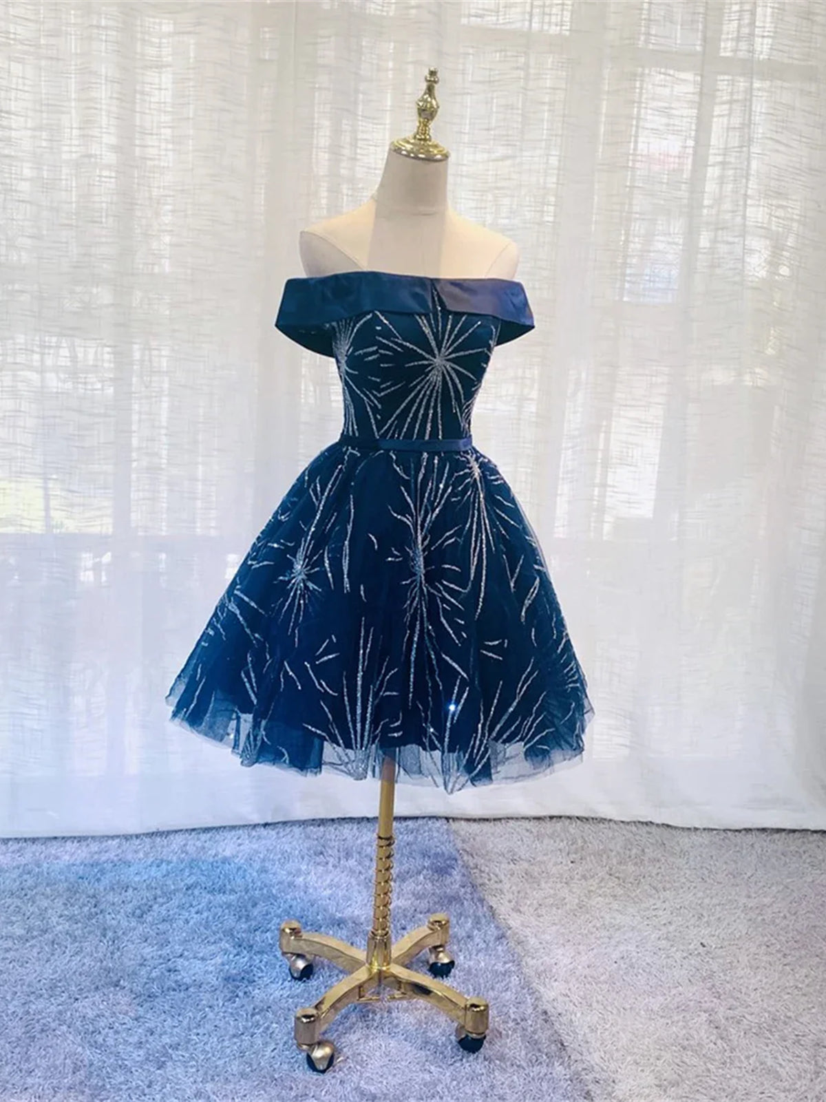 Off the Shoulder Short Navy Blue Prom Dresses, Short Dark Blue Formal -  shegown