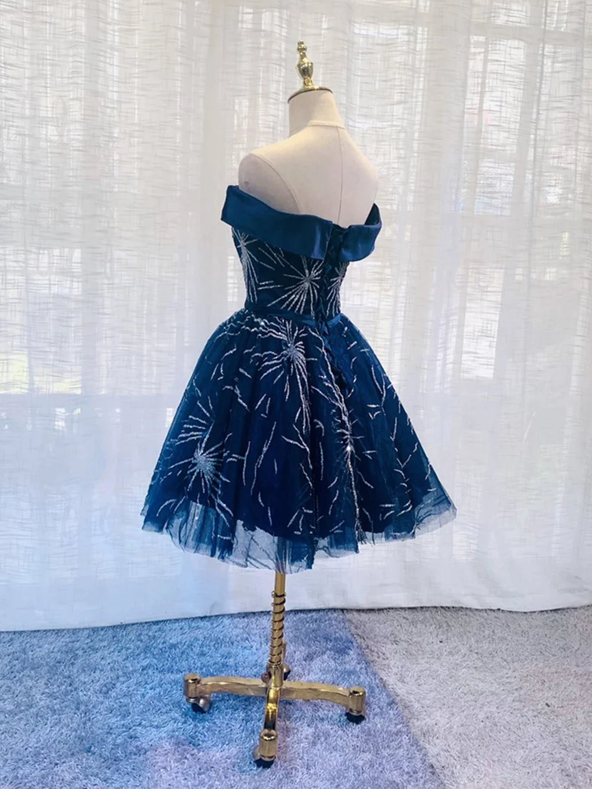 Off the Shoulder Short Navy Blue Prom Dresses, Short Dark Blue Formal - shegown Off the Shoulder Short Navy Blue Prom Dresses, Short Dark Blue Formal - shegown