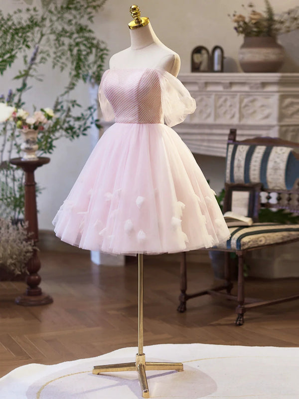 Off the Shoulder Short Pink Lace Prom Dresses, Short Pink Lace Graduation Homecoming Dresses main image 1